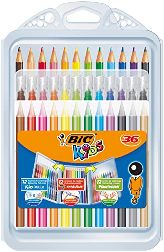 BIC Kids Stifte Set: 12 Buntstifte, 12 Filzstifte ab 5 Jahren und 12 Malkreiden ab 30 Monaten, Ideal für die Schule, in aufklappbarem Etui