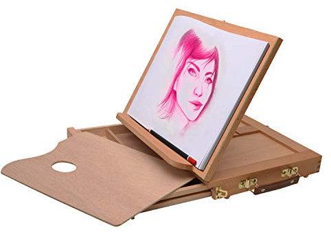 Artina Zeichenbrett – Tragbare Tischstaffelei mit Aufbewahrungsfach – Verstellbare Sitzstaffelei Kofferstaffelei Buchstütze Holzstaffelei klein mit Koffer und Malmischpalette in 33x26x24cm – Calais