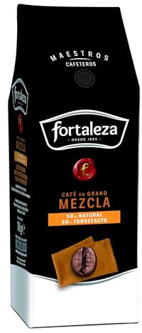 CAFÉ FORTALEZA Café en Grano Mezcla 50/50 con Matices de Vainilla y Caramelizados Formato 1Kg - Café en Grano Sabor Intenso, con Gran Cuerpo y Final Persistente – Variedad Arábica y Robusta