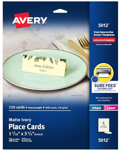 Avery Printable Place Cards with Sure Feed Technology, 1-7/16 x 3-3/4, Textured Ivory, 150 Blank Tent Cards for Laser or Inkjet Printers (5012)