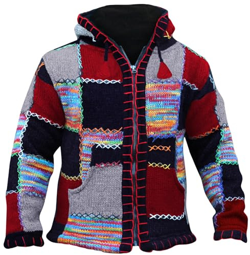 SHOPOHOLIC FASHION Giacca da Uomo in Lana Patchwork Colorata con Cappuccio Supercosy Festival Hippy Boho (Multi/XXL)