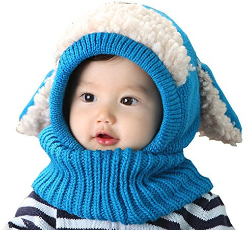 WSLCN Unisex Baby Jungen Mädchen Hüte mit Halstücher Strickhut Pudelmütze Süß Mütze Kontrastfarbe Winter Warm Schal Cartoon Hundohren Blau One Size(6-36 Monate)