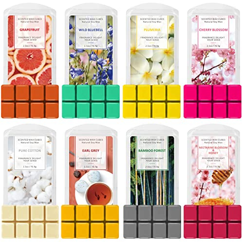 SCENTORINI Duftwachs für Duftlampe, 8 Stück, Sojawachs Wax Melt | Grapefruit, Kirschblüten, Wilde Glocke, Plumeria, Earl Grey, Bambuswald, Nektarinenblüte und Honig