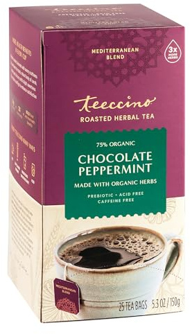 Teeccino Chocolate Peppermint Herbal Tea - Enjoy Hot or Iced Tea with Cooling Peppermint, Cocoa & Chicory, Prebiotic, Caffeine Free, Acid Free, 25 Tea Bags