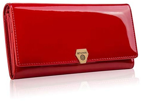 BETLEWSKI - Große Geldbörse für Damen aus Leder RFID Blocker Karten Portemonnaie Geldbeutel Damen mit Zertifikat - Ledergeldbörse mit vielen Kartenfächer und Münzfach - 18,5 x 9,5 x 3,5 cm (Rot)