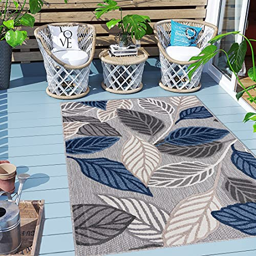 Carpeto Rugs Blattmuster In- & Outdoor Teppich Wetterfest für Balkon, Terasse - Balkon Teppich Wasserfest - Outdoorteppich Wetterfest - Aussenteppich Terrasse Groß - Grau Blau 3-160 x 230 cm