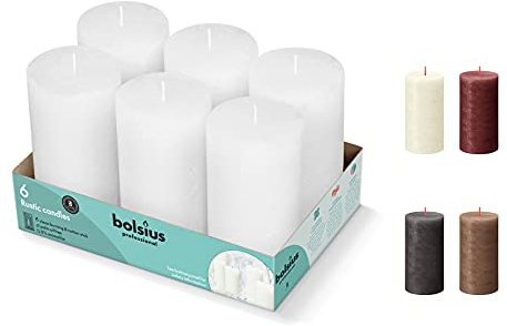 BOLSIUS Rustikale Stumpenkerzen, 6 Stück, weiß, 7,9 x 12,7 cm, Premium-europäische Qualität, inklusive natürlichem pflanzlichem Wachs, geruchlos, tropffrei, rauchfrei, 60 Stunden Party-Dekoration und