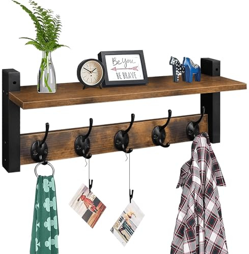 Homode Wall Hooks with Shelf, Wood Coat Rack with Shelf Wall-Mounted, Entryway Hanging Shelves with 5 Metal Hooks for Clothes Hats Towel Purse Robes, Bathroom Mudroom Bedroom, Rustic Brown Black