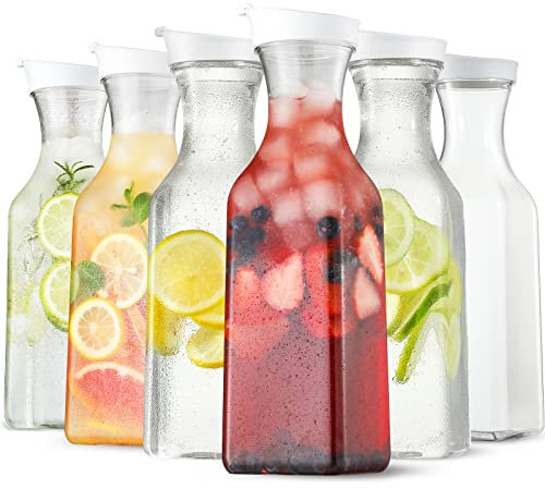 Plastic 50 Oz Water Carafe with Flip Top Lid, Set of 6 Square Base Clear Plastic Juice Container Pitcher - for Water, Iced Tea, Juice, Beverage, Lemonade, Milk and Mimosa Bar - HAND WASH ONLY
