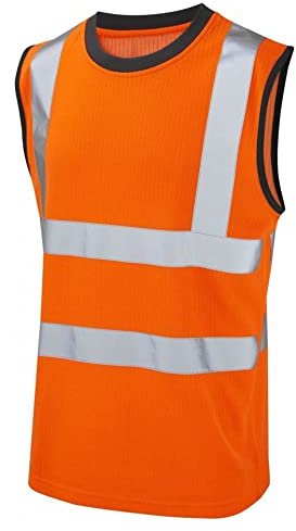 Hi Vis Viz Work Utility Sleeveless Round Neck T-Shirt Warning Vest | High Visibility Safety Security Workwear Double Tape Tank Top