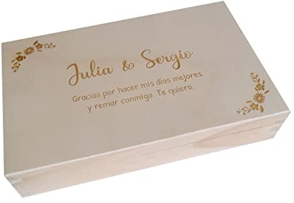Qukimax® Caja de Madera con Grabado Personalizado, Modelo Floral | Regalo Pareja, Comunión, Boda, Aniversario