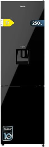 Cecotec Frigorífico Combi 250L Bolero CoolMarket Combi 250 WD Black Glass D. Compresor Inverter Plus, Bajo Consumo, Cristal Negro, 180x55cm, No Frost, Dispensador De Agua, Multi Air Flow