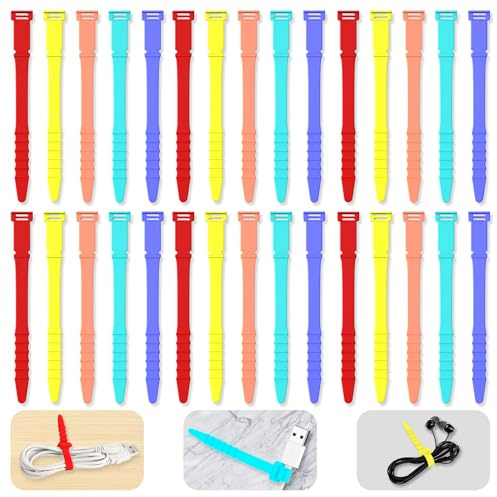 Silicone Cable Ties 4.5inch Reusable Cable Ties, 30pcs Reusable Zip Ties Elastic Silicone Cord Organizer Straps Ties for Charging Cables USB Cables Earphones Cable Audio(11.3cm, 30pcs, Warm-Color)