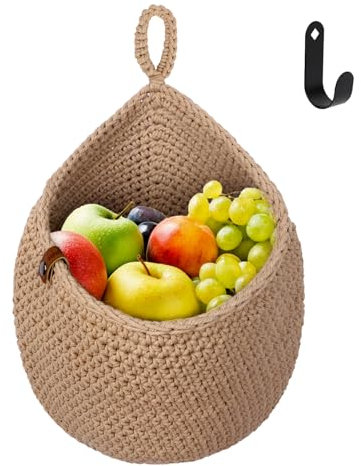YTOPRO Hängekorb Obstkorb Hängend Korb 28x36cm Jutebeutel mit 1 Haken Jutetasche Korb geflochten Hängend Körbe Gemüsekorb Wandkorb Pflanzkorb Dekorativer Hängekörbchen für Küche M