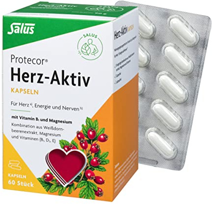 Salus Protecor Herz-Aktiv - 1x 60 Kapseln (90 g) - Nahrungsergänzungsmittel mit Vitamin B1 und Magnesium - zur Unterstützung der Herz- und Muskelfunktion - Vitamin E und D3 plus Weißdornbeerenextrakt
