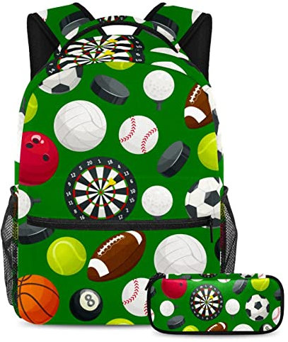 VAPOKF Schulranzen-Set für Teenager, Mädchen, Jungen, Schüler-Büchertasche, Rucksack mit Federmäppchen für die Schule, Sportball, Grün, multi, Einheitsgröße, Schulranzen-Sets