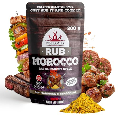 Poppamies Sazonador BBQ marroquí, Estilo Ras El Hanout Marinado Seco y Condimento BBQ Perfecto para Pescado, Verduras, Pollo, Cerdo y Carne de Res - Paquete Grande (200g)