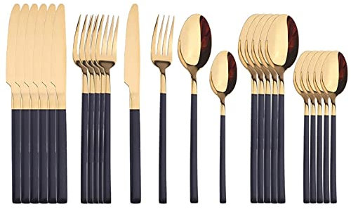GaRcan Couverts 24 pièces en Or Blanc, Service de Table en Acier Inoxydable 18/10, Service de Table de Cuisine, Fourchette, cuillère, argenterie de dîner en Acier Inoxydable (Or Noir)