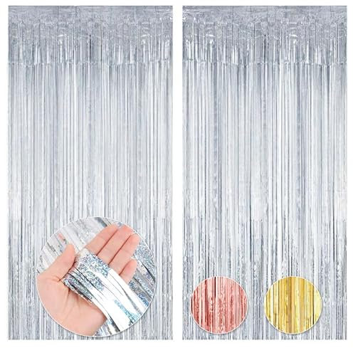 RISVOWO 2 Stück Lametta Vorhang Silber 1m x 2m, Lametta Vorhänge Hintergrund, Folien Fransenvorhänge, Silvester Lametta für Weihnachten, Party Deko Geburtstag, Bachelorette, Party, Bühnendekoration