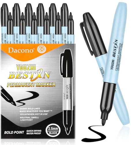 Dacono Bolígrafos de Marcadores Permanentes, 12 Marcadores Permanentes - Punta de Espesor de 2.5 Mm de Espesor, Marcas Permanentes Negras para Madera, Roca, Plástico, Cuero, Vidrio, Piedra, Metal