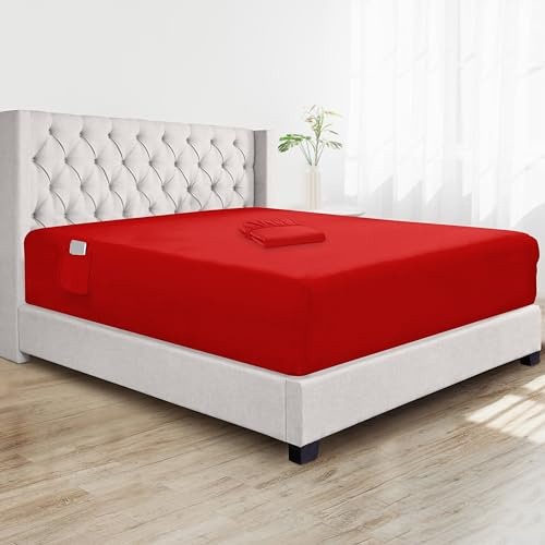 Elegant Comfort Super Soft 1-Piece Single Extra Deep Pocket 1500 Premium Hotel Quality Microfiber Fitted Sheet for High Mattress up to 21 inch with Double Sided Smart Pockets, Twin XL, Red