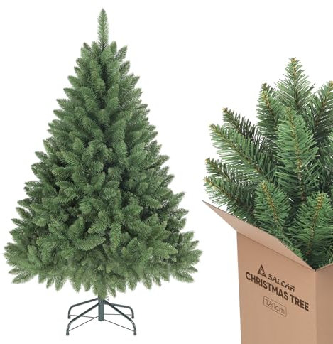 SALCAR 120 cm Künstlicher Weihnachtsbaum, naturgetreuer Tannenbaum mit 290 Spitzen, grüne Nordmanntanne mit Klappsystem, ca. 86cm übergroßer Baumdurchmesser