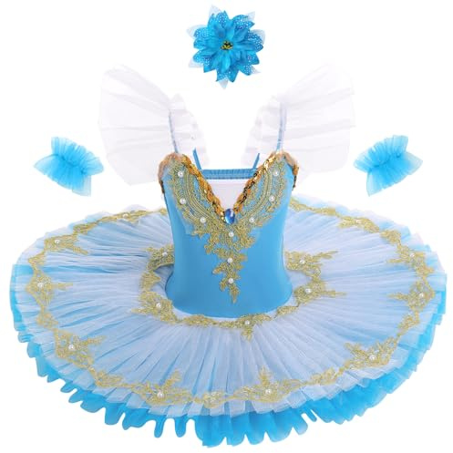 OBEEII Abito da Balletto Paillettes Ricami Balletto Tutù Body Danza Classico Ginnastica Leotard Costume, Blu 02, 15-16 anni