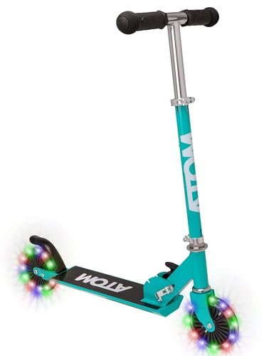 Atom Kinderroller Inline mit leuchtenden Rädern | Verstellbare Lenkerhöhe | Leicht Faltbarer Scooter für Jungen & Mädchen | Stabiler Tretroller für Kinder von 5-12 Jahren (Blaugrün)