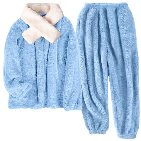 Tuopuda Pyjama Noel Pilou Pilou Femme Pijamas Chauds Polaire, Haut Tops Chic avec Pantalon Hiver Doux Peignoirs de Bain, Robe de Chambre Manches Longues, Bleu-2, S