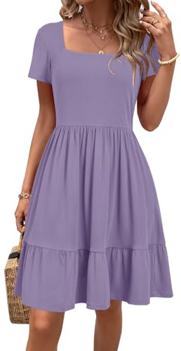 Newshows Sommerkleid Damen Knielang Sommer Kurzarm Kleid Quadratischer Ausschnitt Elegant Strandkleid Mit Taschen