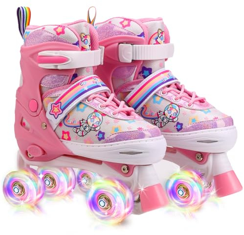 Justerbara rullskridskor för barn med upplysta hjul - 4 storlekar, för flickor och pojkar (Pink, S)