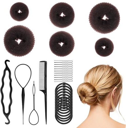 6 Stück Duttkissen Set Groß Klein Haardutt mit 10 Schwarz Haargummis 30 U-förmiger Haarnadel und 4 Frisurenhilfe Donut Hair Bun Maker Set für Kinder Mädchen Frauen Kaffeefarbe
