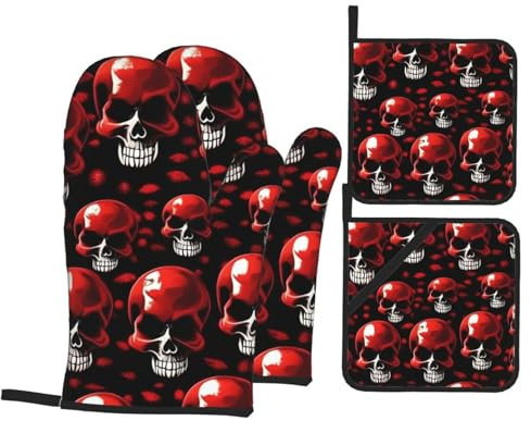 CHUNMINW Set di guanti da forno e presine con stampa di scheletri rossi, 4 pezzi, resistenti al calore, per cucinare 17,8 x 27,9 cm