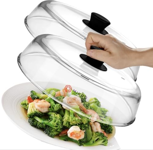 2 Pack Glass Microwave Splatter Covers for Food Plate - Sturdy Borosilicate Guard with Vent Hole - 100% Food Safe, BPA Free, Easy Grip Silicone Knob, Dishwasher Safe