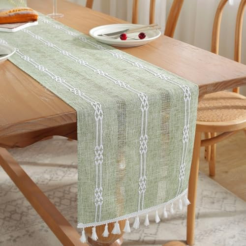 EOAMGO Landhausstil Quasten Baumwolle und Hanf Tischläufer, 160x32 cm - Abwaschbar für Hochzeitsdeko, Tischdeko, Boho Deko, Parties, Weihnachten (Salbeigrün)