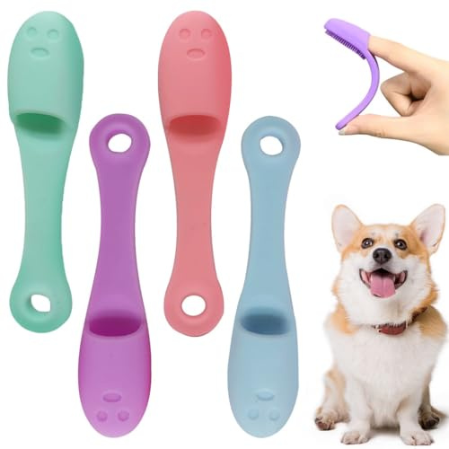 FENQURO Lot de 4 brosses à dents, brosse à dents chat et chien, dentifrice chien avec silicone de qualité alimentaire pour animaux de compagnie de petite, moyenne et grande taille
