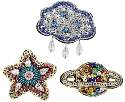FINGERINSPIRE 3 toppe con strass e paillettes, 3 stili, con perline, con pianeta, da cucire, con paillettes, a forma di stella, strass, nuvole, perline tubolari, toppe da cucire per vestiti fai da te