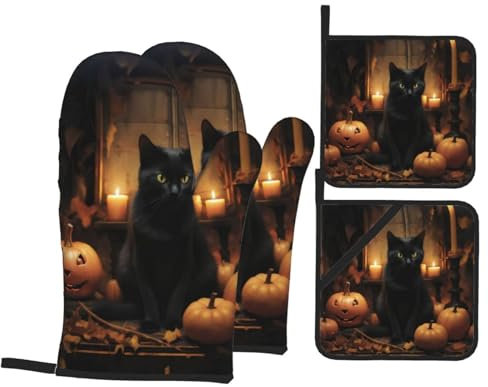 Ofenhandschuhe und Topflappen-Set, 3D-Motiv schwarze Katze, wasserdicht, hitzebeständig, Mikrowellen-, Koch-, Ofenhandschuhe, Fäustlinge, Koch-, Grillhandschuhe und heiße Pads, 4-teilig