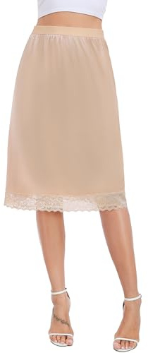 Lovasy Jupon Femme Longue Satin Jupon sous Robe en Dentelle Fond de Jupe sous-Vêtements Invisible et Antistatique Demi-Jupe Taille Élastique pour Robe Transparente S-3XL