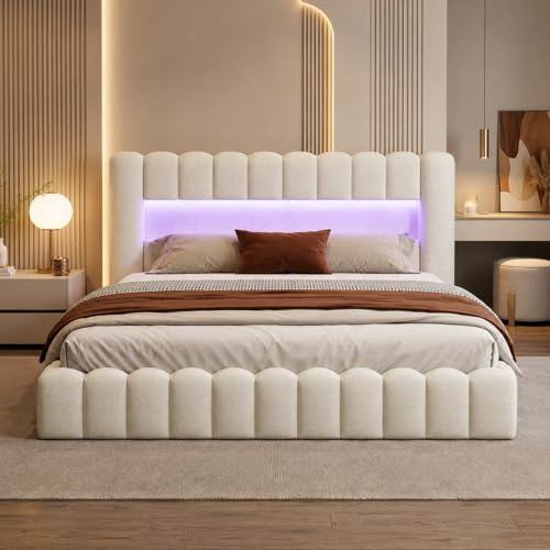 DAHUEN Polsterbett Bubble Bett 180x200, Doppelbett mit LED und USB Ladefunktion Kopfteil, Boxspringbett mit hydraulisches Bettkasten,Stauraumbett mit Lattenrost aus Holz, Leinen (Weiß, 180x200cm)