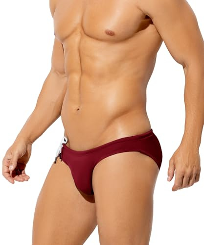 Mauro Kane Mens Swim Briefs Bikini Low Waist Swimwear Quick Dry Bathing Suit Solid Sexy Swimsuits with Drawstring,Wine Red,Medium