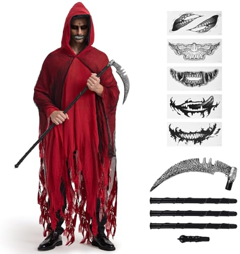 BuzzoXerex Déguisement Faucheur Homme, Halloween Cape à Capuche Déchirée Cape à Capuche avec Faucille & Autocollants de Tatouage Effrayants pour Halloween, Carnaval (Rouge)
