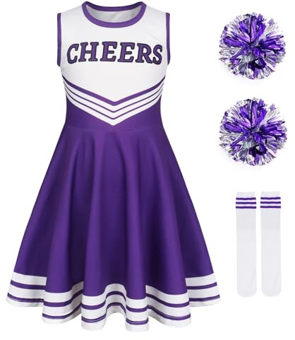Berich Vestito da cheerleader per bambini, con pompon, calzini, costume da principessa, uniforme di Halloween, per feste, costume da cheerleader viola, 10-11 anni, 150
