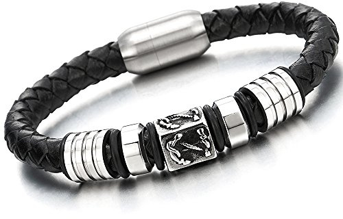 COOLSTEELANDBEYOND Hombre Pulsera Trenzado Cuero, Cuero Negro, Ancla Encantos de Acero, Cierre Magnético