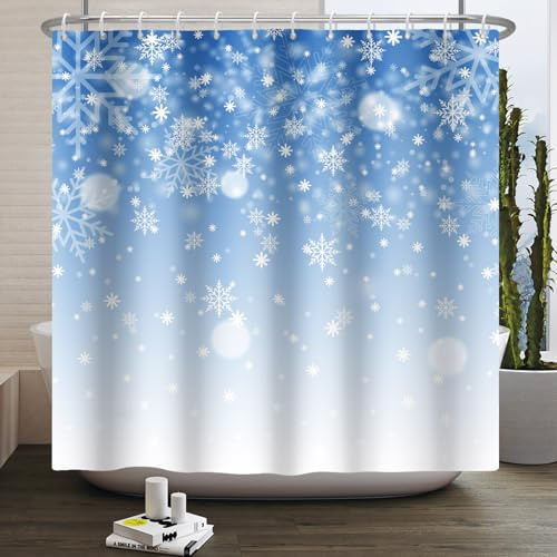 Kzzfqxb Rideaux de Douche 183x183cm avec Crochets en Plastique, Noël Nouvel an Neige d'hiver Beaux Flocons deneige, étanche Tissu Polyester pour Baignoire, Festival décoration pour Salle de Bain