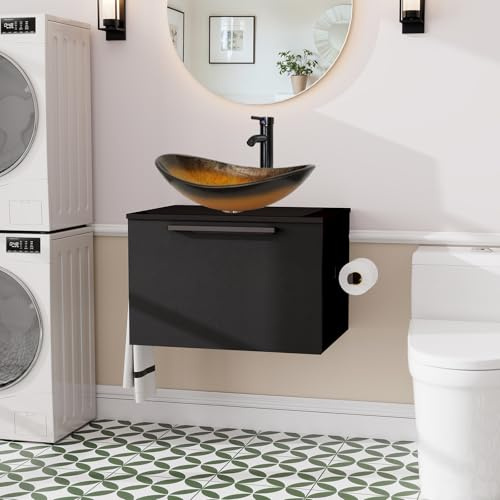 ZealWe Badmöbel-Set Waschtisch mit Unterschrank 60cm, Waschbeckenunterschrank mit Waschbecken, Badezimmermöbel Matt Schwarz Badezimmerschrank Hängend, 2-teilig, für kleine Bäder Gäste WC, Schwarz Gold