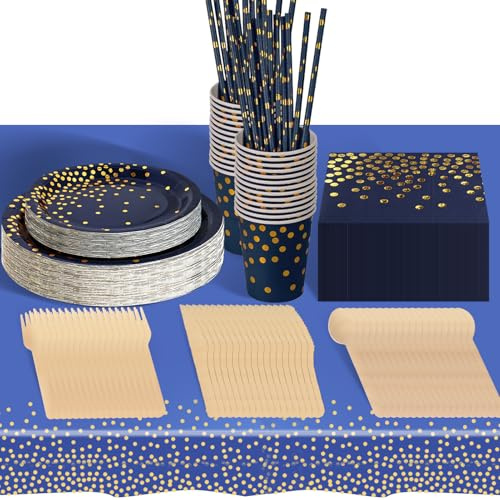 Anniversaire Vaisselle de fete 226 Pièces Bleu Foncé Or Rosé Party Assiette Anniversaire Set Comprendre Assiette Jetables Papier Tasses Serviettesr pour Party Decoration Baby Shower -25 Invités