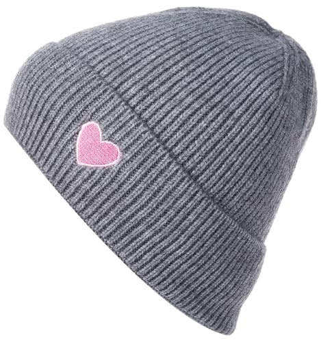 styleBREAKER Damen Strick Beanie mit Herz Stickerei & Fleece Futter | Warme Wintermütze Einheitsgröße 56-59 cm | Weiche gefütterte Beanie Mütze, Farbe:Grau meliert