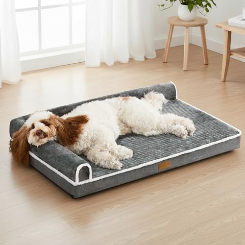 Jolibean Orthopedic Dog Bed Large Sized Dog 91X61cm, Waterproof Comfortable L Bolster Medium Non-Slip Soft Warm Pet Crate Bed Sleep Sofa mat with Removable Washable Cover, Grey