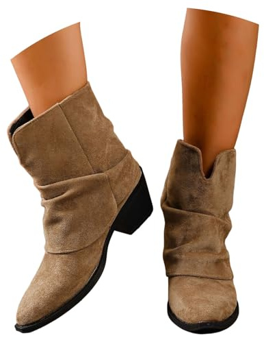 Botas Vaqueras Western for Conciertos Botines Retro Con Punta Puntiaguda for Mujer Boots Casuales De Talla Grande Con Tacón De Bloque 2025 Zapatos Sin Cordones De Ante De Caña Ancha(Beige,42 EU)